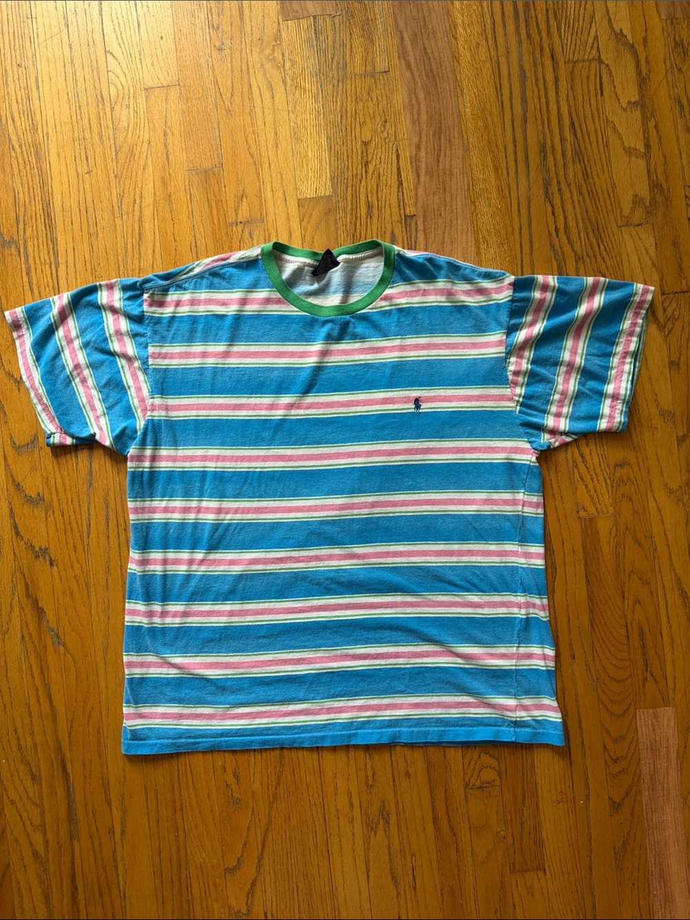 Polo by Ralph Lauren Striped Crewneck Ringer Tee in Aqua, Pink, White & Green L